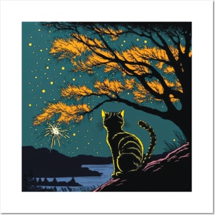 Tabby Cat Watching Fireworks over a Lake Posters and Art